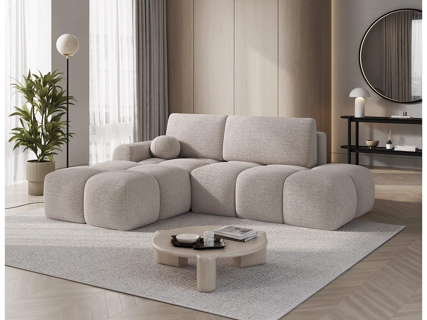 Canapé d’angle convertible 3 places BINUTO en tissu avec coffre de rangement – 227cm-Taupe clair-angle droit