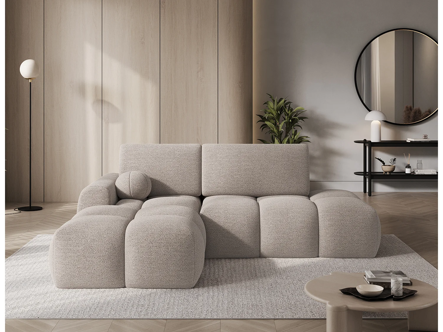 Canapé d’angle convertible 3 places BINUTO en tissu avec coffre de rangement – 227cm-Taupe clair-angle droit