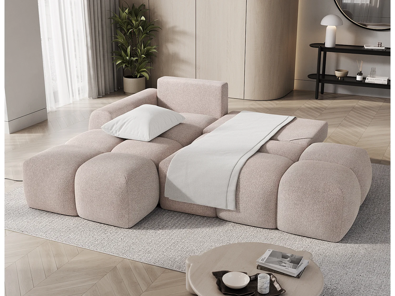 Canapé d’angle convertible 3 places BINUTO en tissu avec coffre de rangement – 227cm-Marron clair-angle gauche