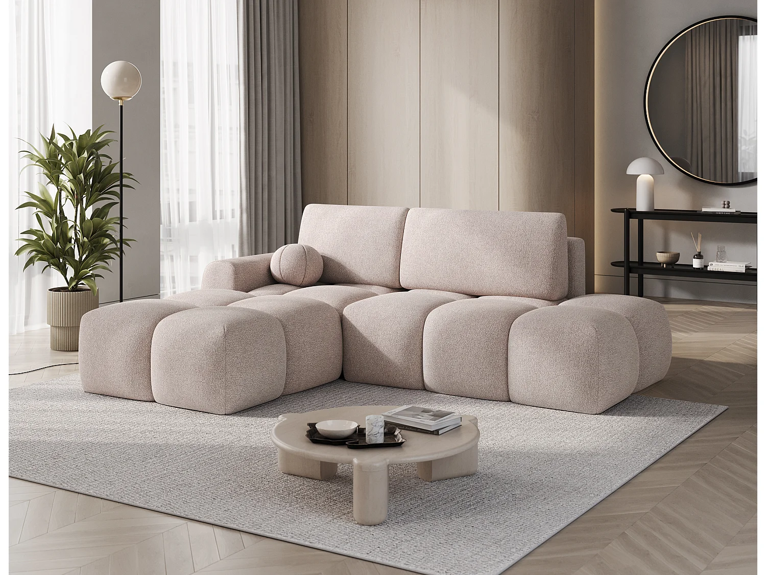 Canapé d’angle convertible 3 places BINUTO en tissu avec coffre de rangement – 227cm-Marron clair-angle gauche
