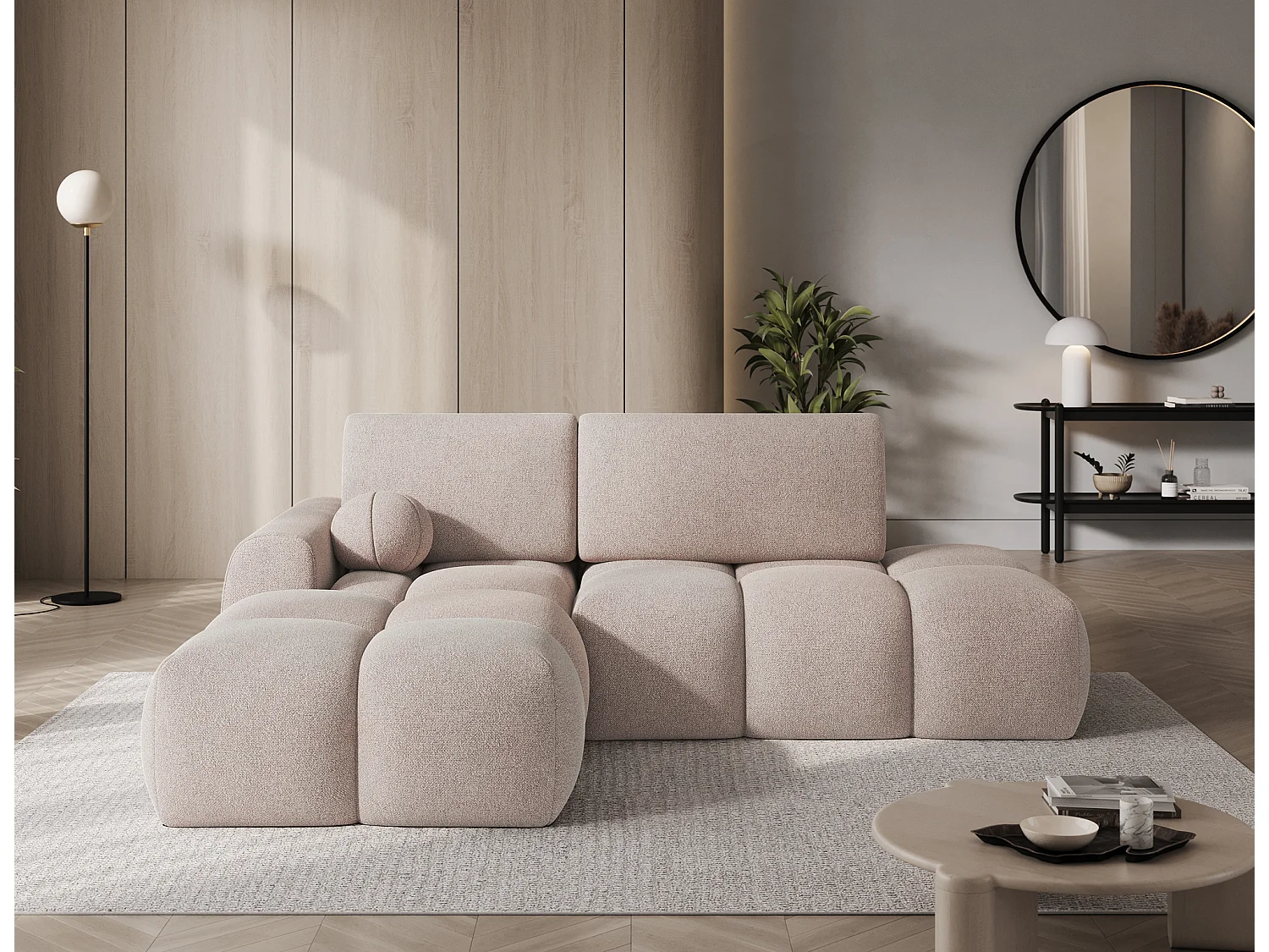 Canapé d’angle convertible 3 places BINUTO en tissu avec coffre de rangement – 227cm-Marron clair-angle gauche
