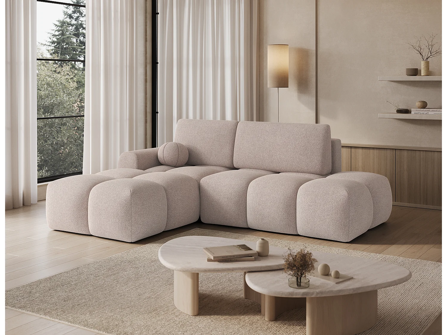Canapé d’angle convertible 3 places BINUTO en tissu avec coffre de rangement – 227cm-Marron clair-angle gauche