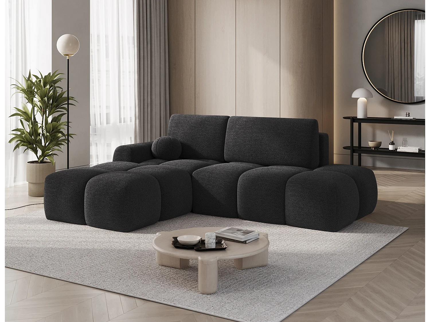 Canapé d’angle convertible 3 places BINUTO en tissu avec coffre de rangement – 227cm-Gris foncé-angle gauche