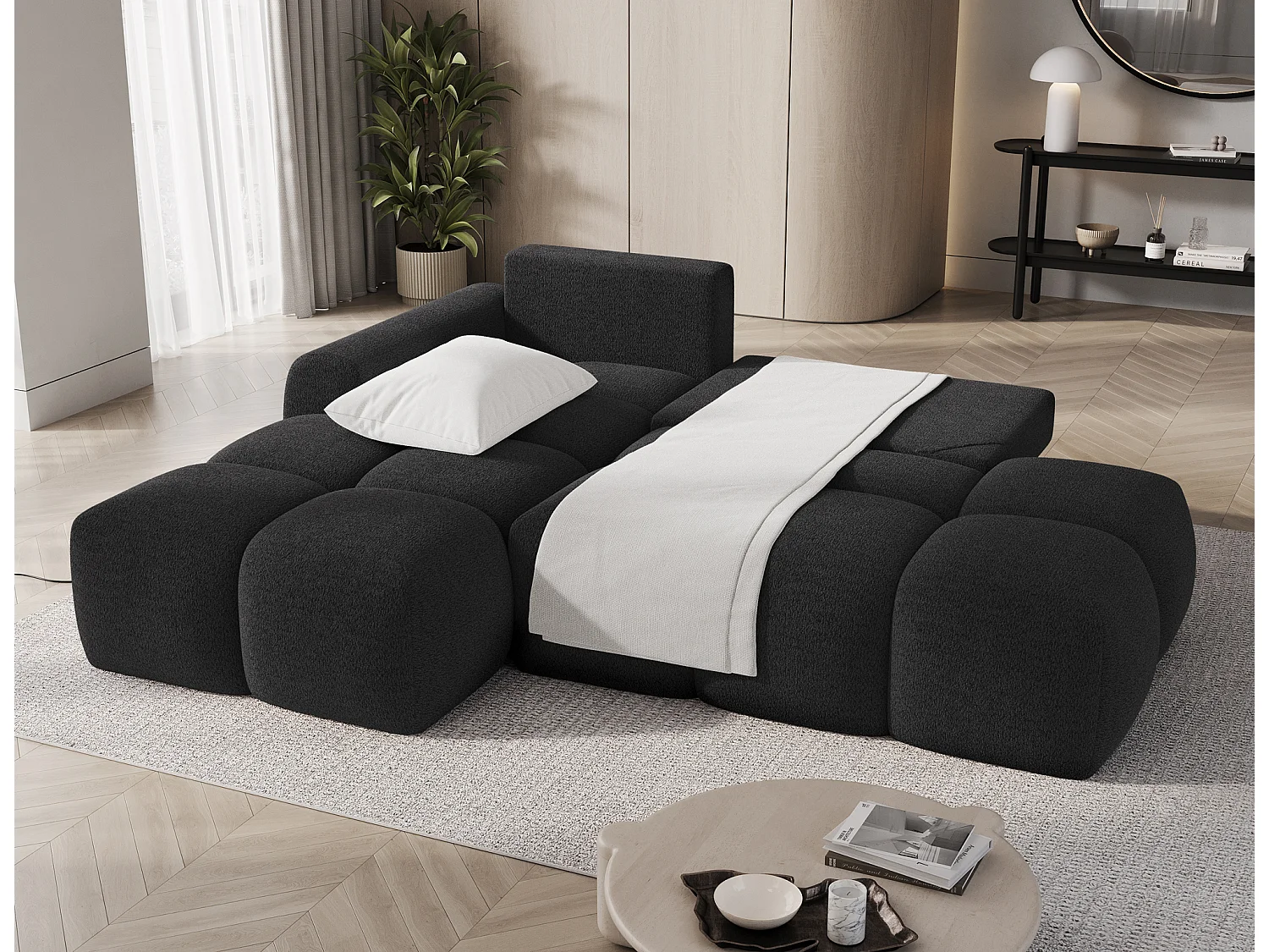 Canapé d’angle convertible 3 places BINUTO en tissu avec coffre de rangement – 227cm-Gris foncé-angle gauche
