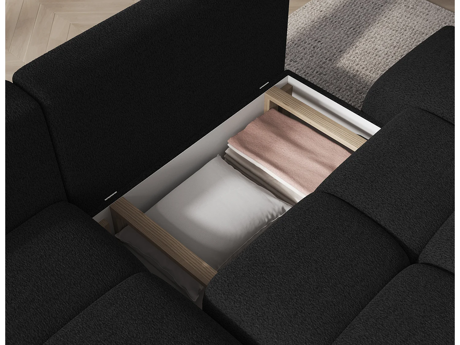 Canapé d’angle convertible 3 places BINUTO en tissu avec coffre de rangement – 227cm-Gris foncé-angle gauche