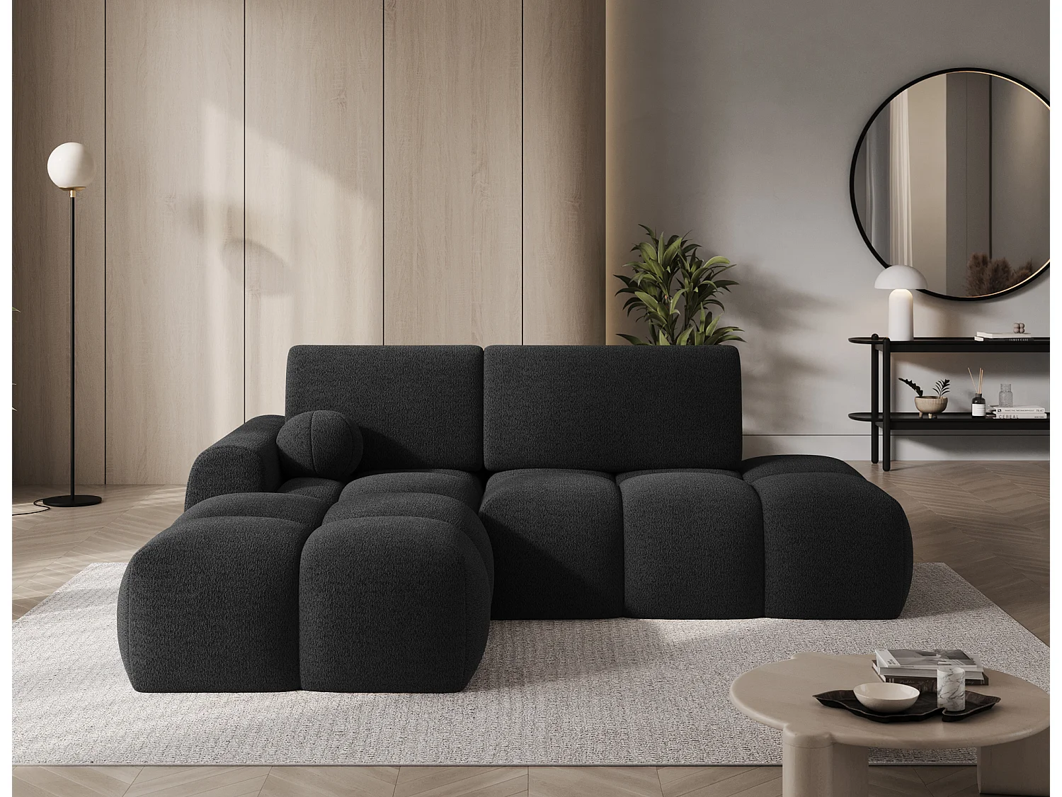 Canapé d’angle convertible 3 places BINUTO en tissu avec coffre de rangement – 227cm-Gris foncé-angle gauche