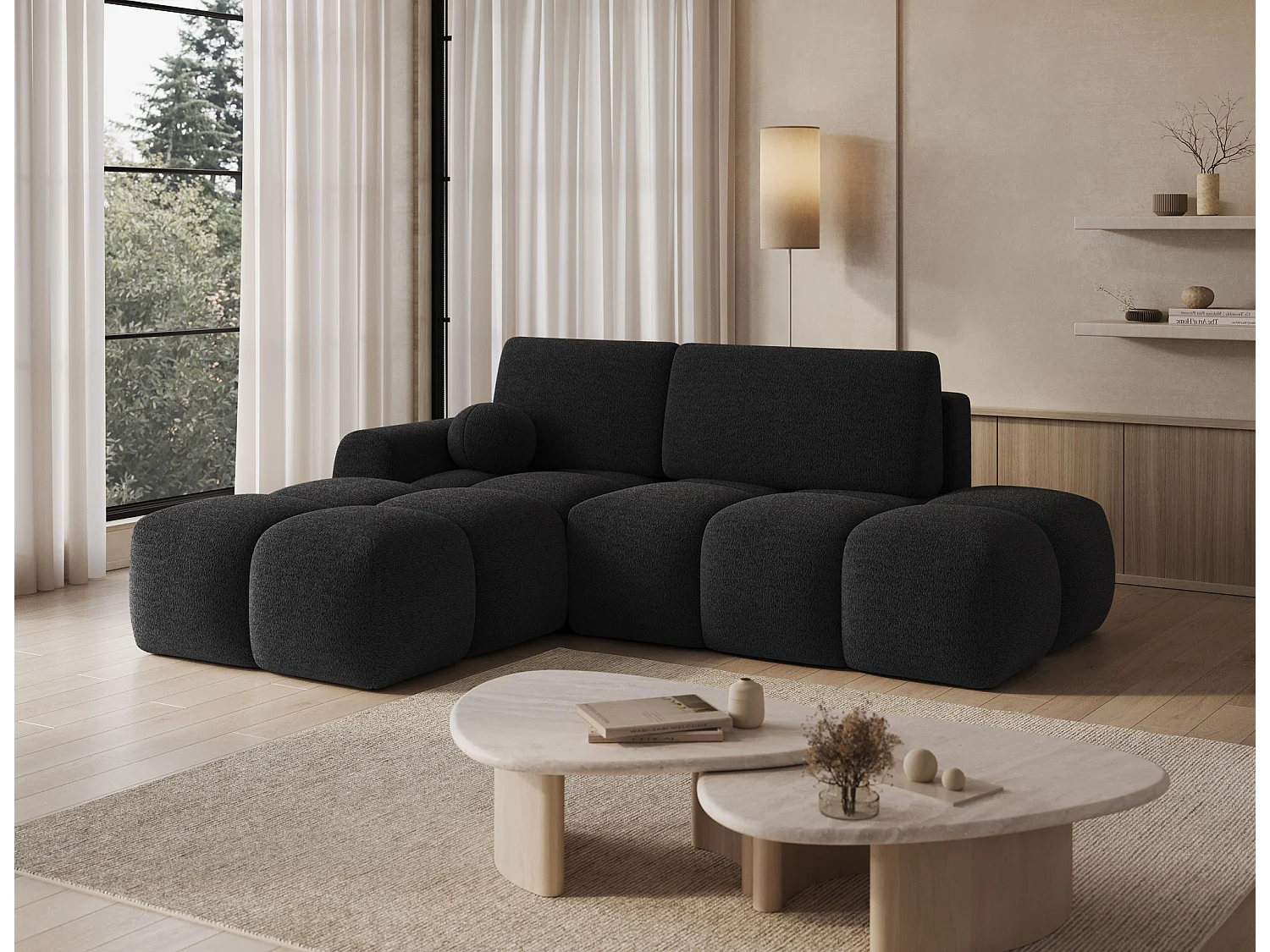 Canapé d’angle convertible 3 places BINUTO en tissu avec coffre de rangement – 227cm-Gris foncé-angle gauche