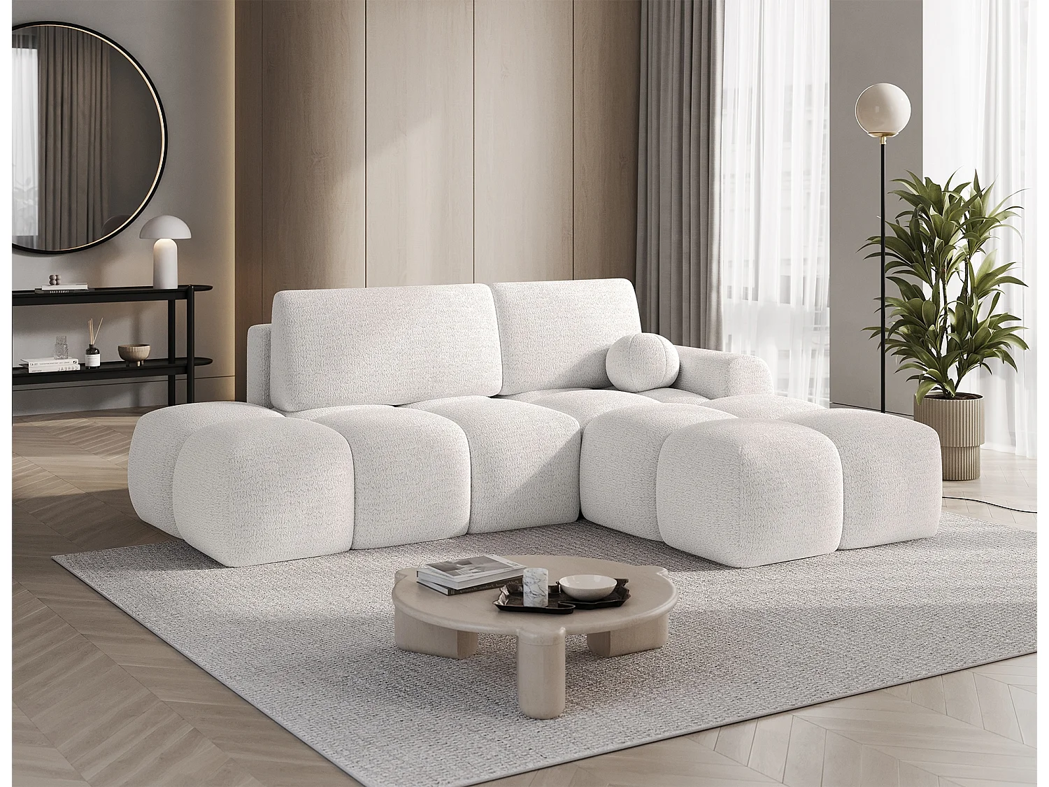 Canapé d’angle convertible 3 places BINUTO en tissu avec coffre de rangement – 227cm-Blanc-angle droit