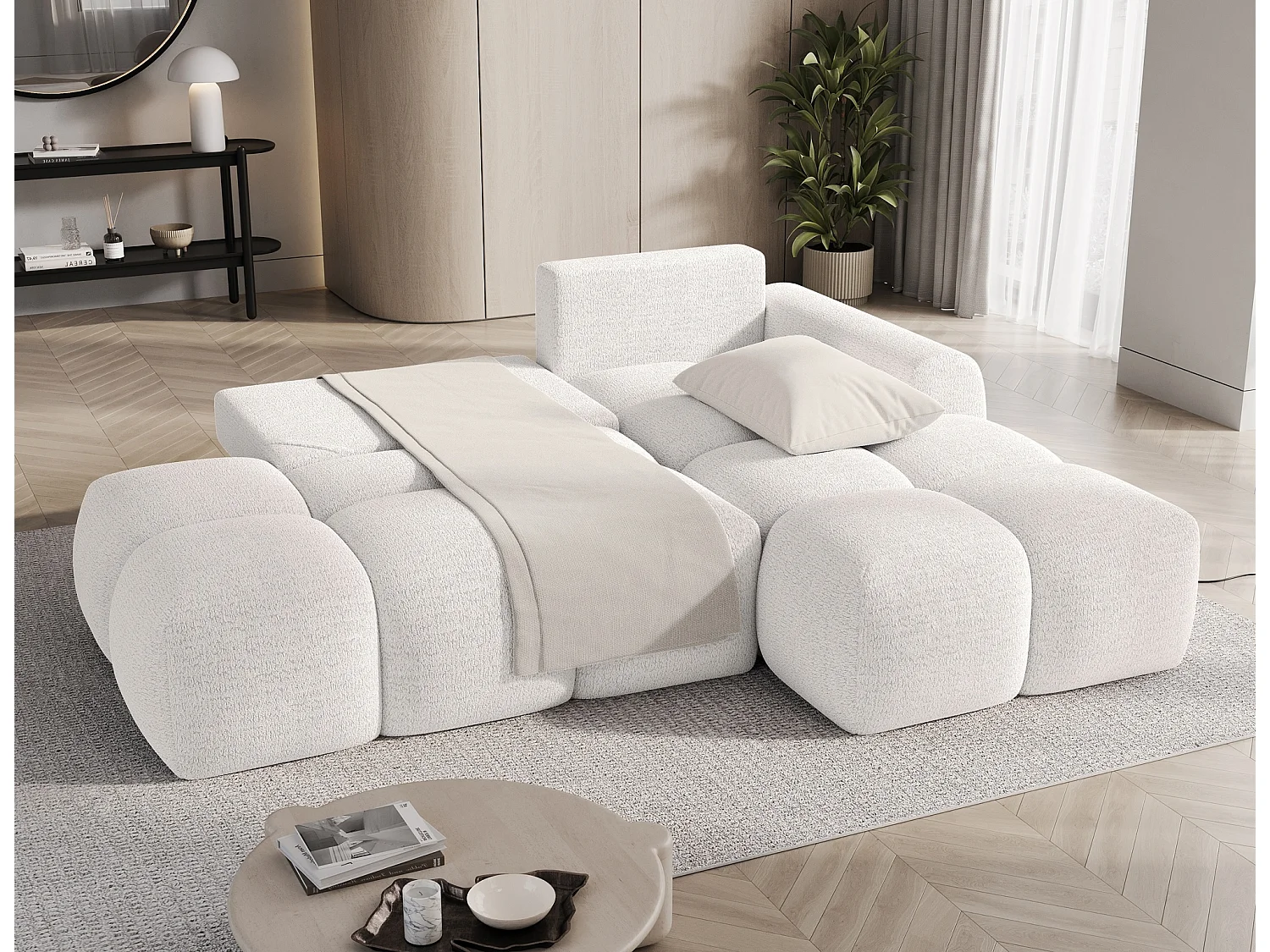 Canapé d’angle convertible 3 places BINUTO en tissu avec coffre de rangement – 227cm-Blanc-angle droit