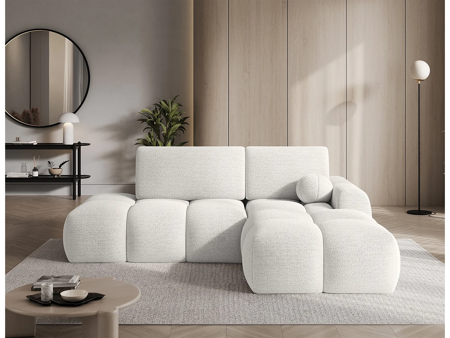 Canapé d’angle convertible 3 places BINUTO en tissu avec coffre de rangement – 227cm-Blanc-angle droit