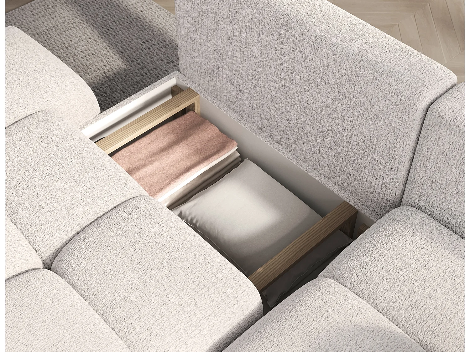 Canapé d’angle convertible 3 places BINUTO en tissu avec coffre de rangement – 227cm-Blanc-angle droit