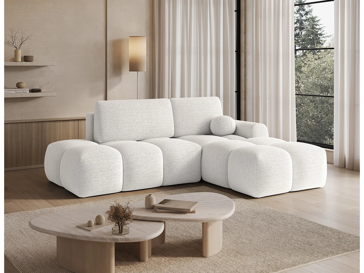 Canapé d’angle convertible 3 places BINUTO en tissu avec coffre de rangement – 227cm-Blanc-angle droit