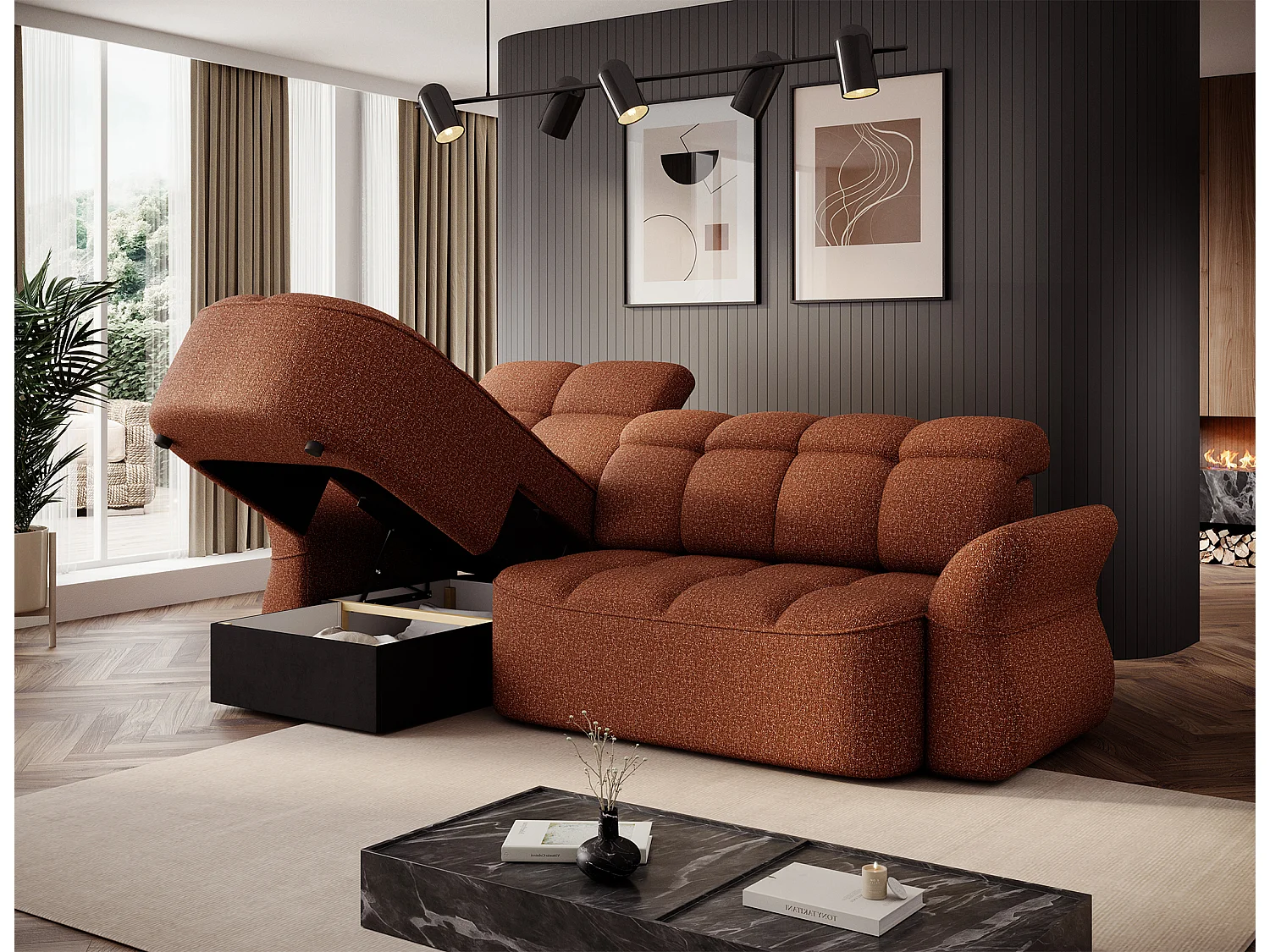 Canapé d’angle convertible 4 places CENTURY en tissu avec coffre – 301cm-Terracotta-angle gauche