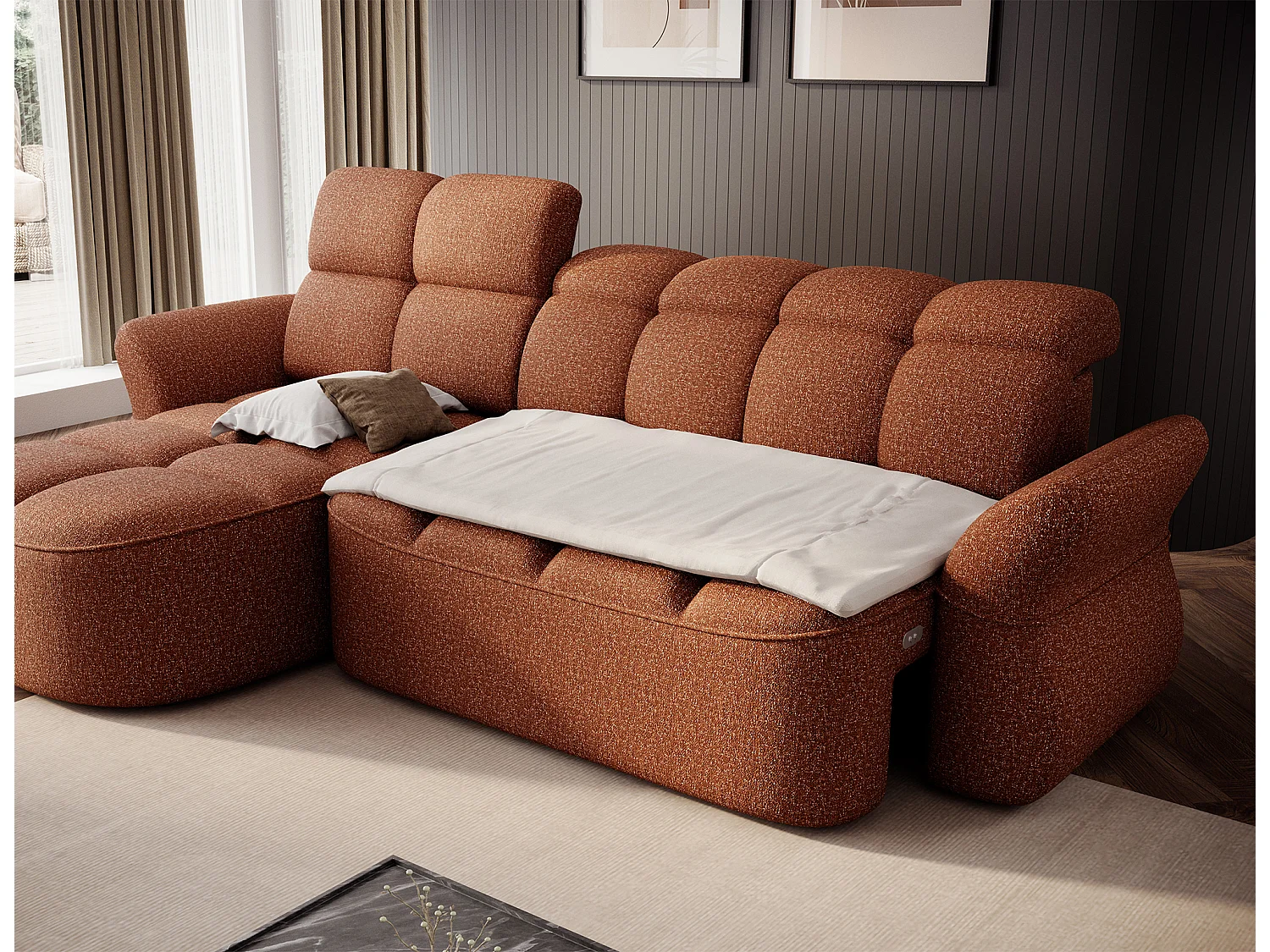 Canapé d’angle convertible 4 places CENTURY en tissu avec coffre – 301cm-Terracotta-angle gauche