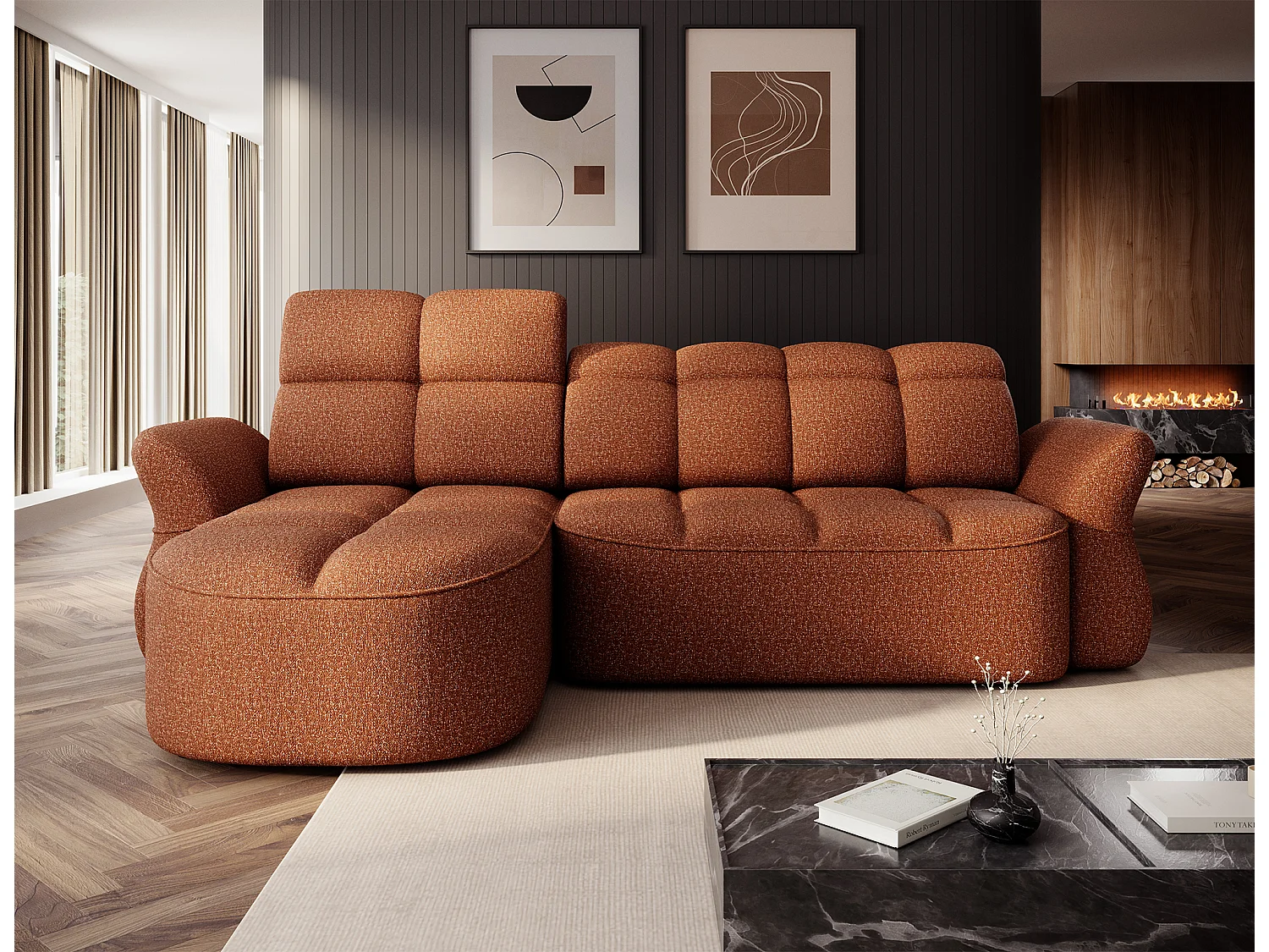 Canapé d’angle convertible 4 places CENTURY en tissu avec coffre – 301cm-Terracotta-angle gauche
