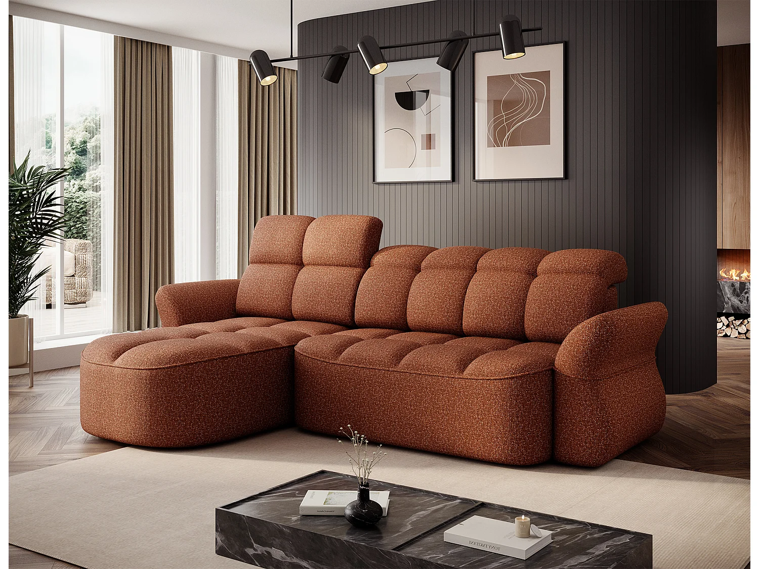 Canapé d’angle convertible 4 places CENTURY en tissu avec coffre – 301cm-Terracotta-angle gauche