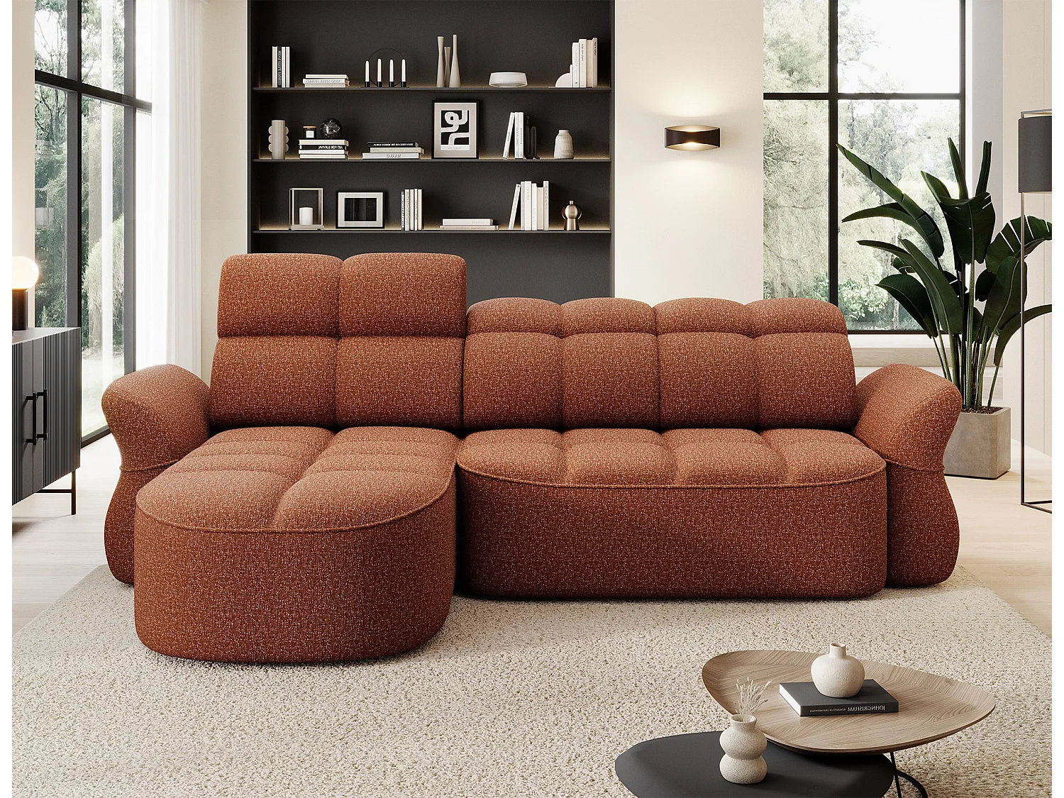 Canapé d’angle convertible 4 places CENTURY en tissu avec coffre – 301cm-Terracotta-angle gauche