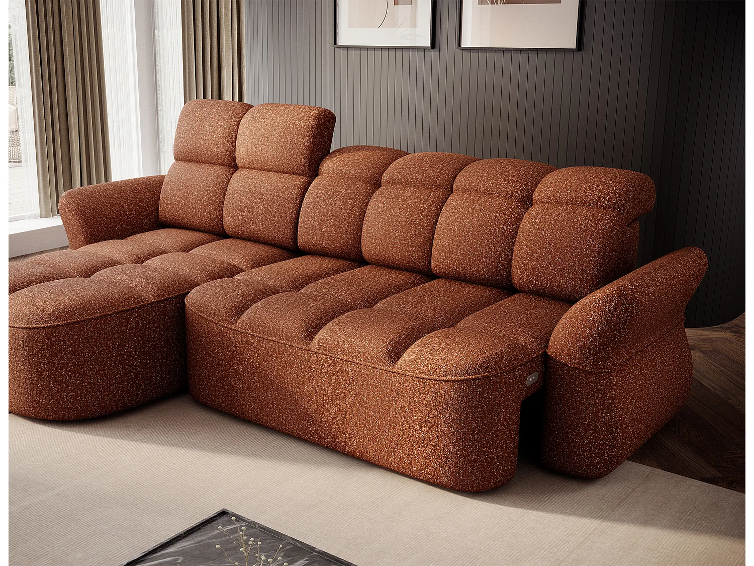 Canapé d’angle convertible 4 places CENTURY en tissu avec coffre – 301cm-Terracotta-angle gauche