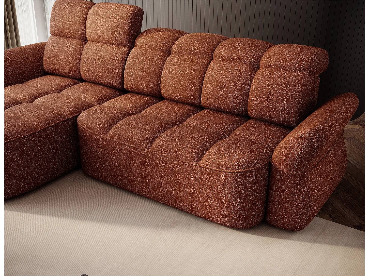Canapé d’angle convertible 4 places CENTURY en tissu avec coffre – 301cm-Terracotta-angle gauche