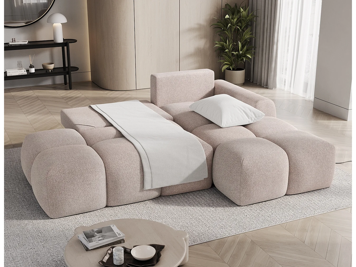 Canapé d’angle convertible 3 places BINUTO en tissu avec coffre de rangement – 227cm-Marron clair-angle droit