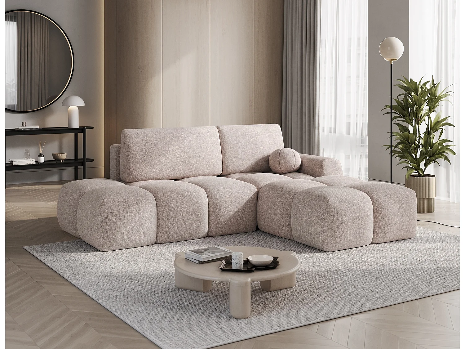 Canapé d’angle convertible 3 places BINUTO en tissu avec coffre de rangement – 227cm-Marron clair-angle droit