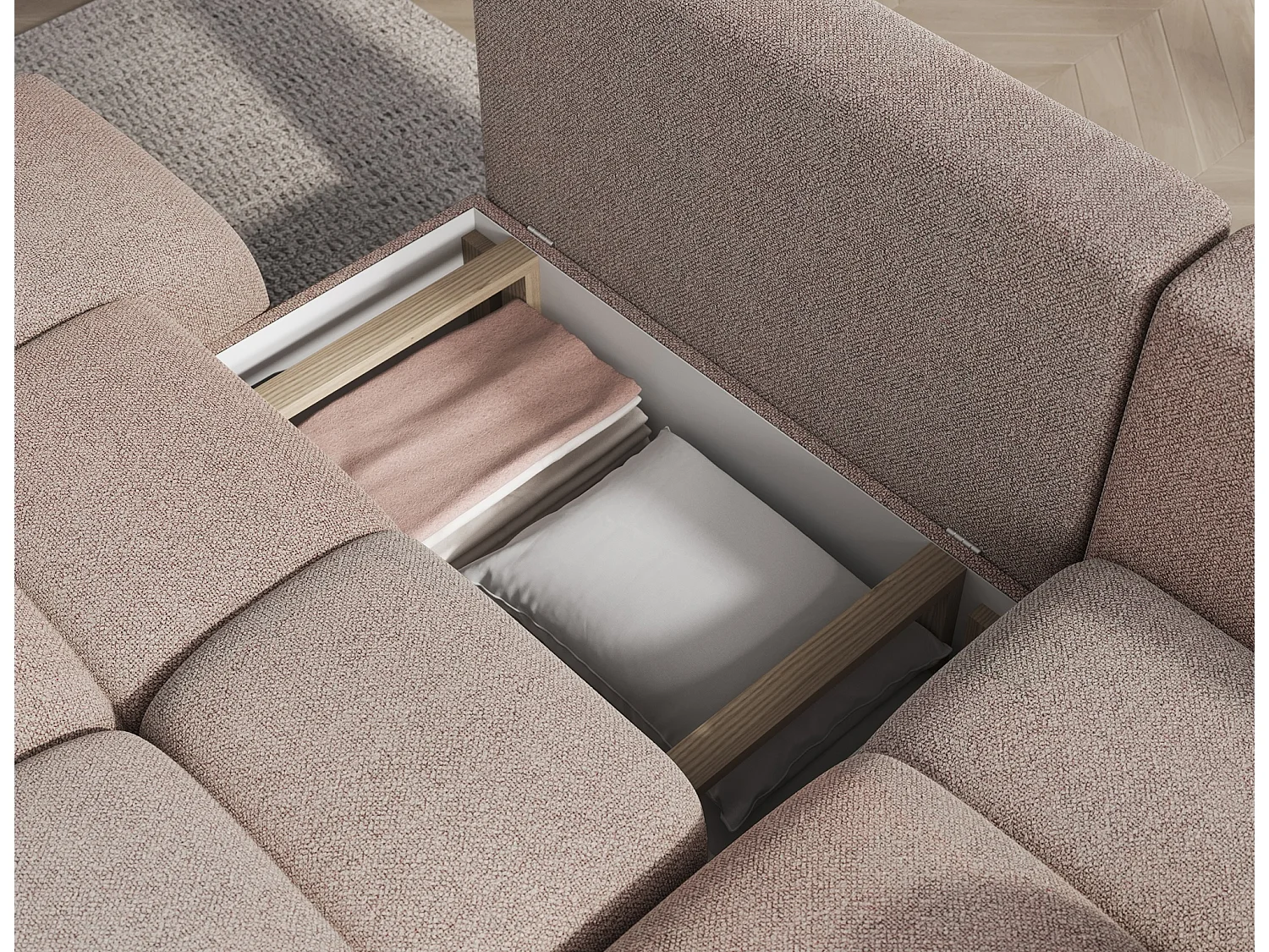 Canapé d’angle convertible 3 places BINUTO en tissu avec coffre de rangement – 227cm-Marron clair-angle droit