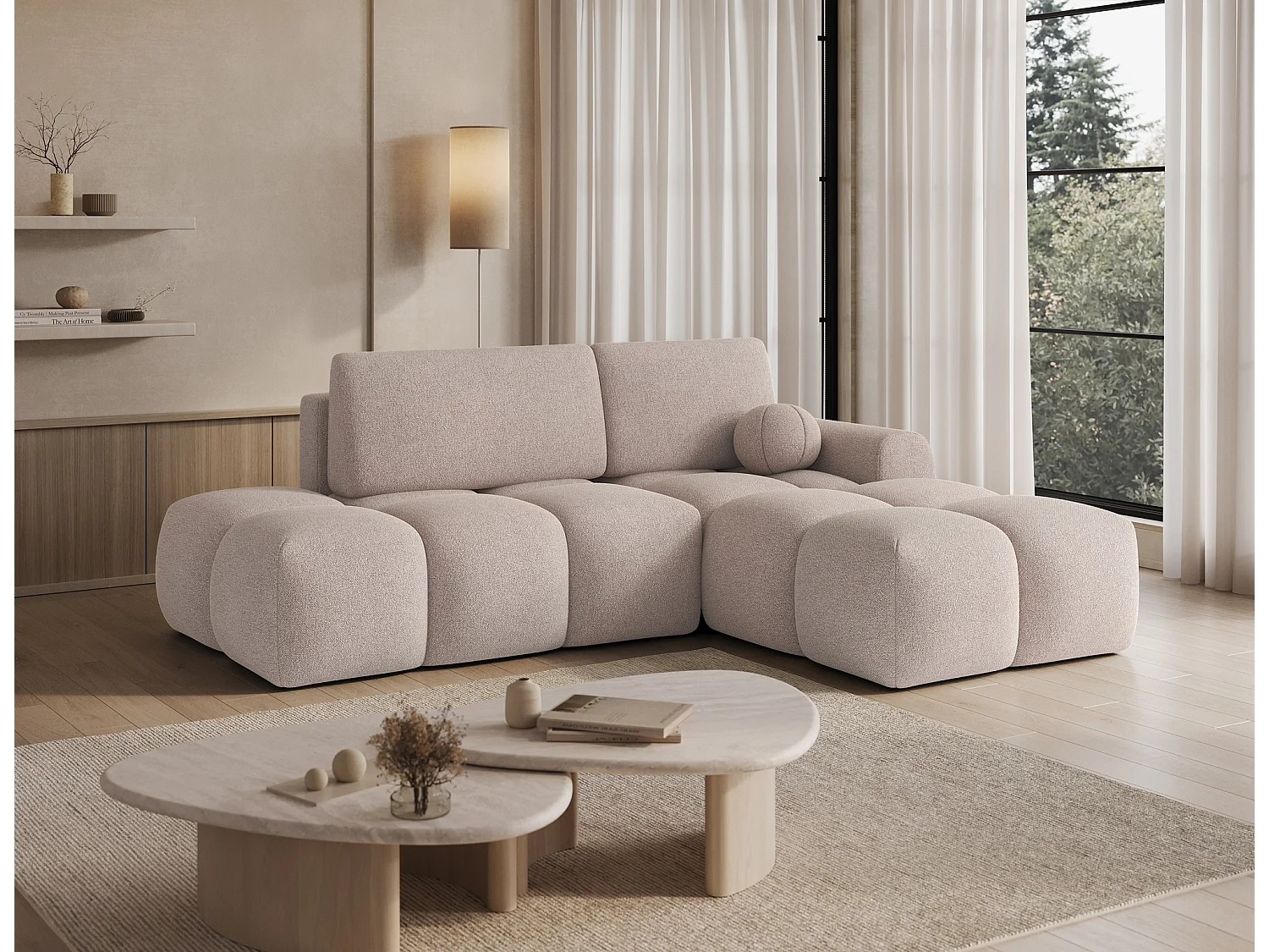 Canapé d’angle convertible 3 places BINUTO en tissu avec coffre de rangement – 227cm-Marron clair-angle droit