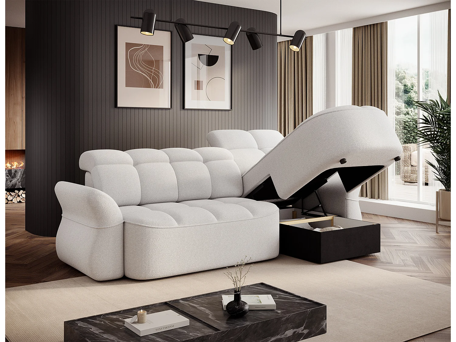 Canapé d’angle convertible 4 places CENTURY en tissu avec coffre – 301cm-Blanc-angle droit