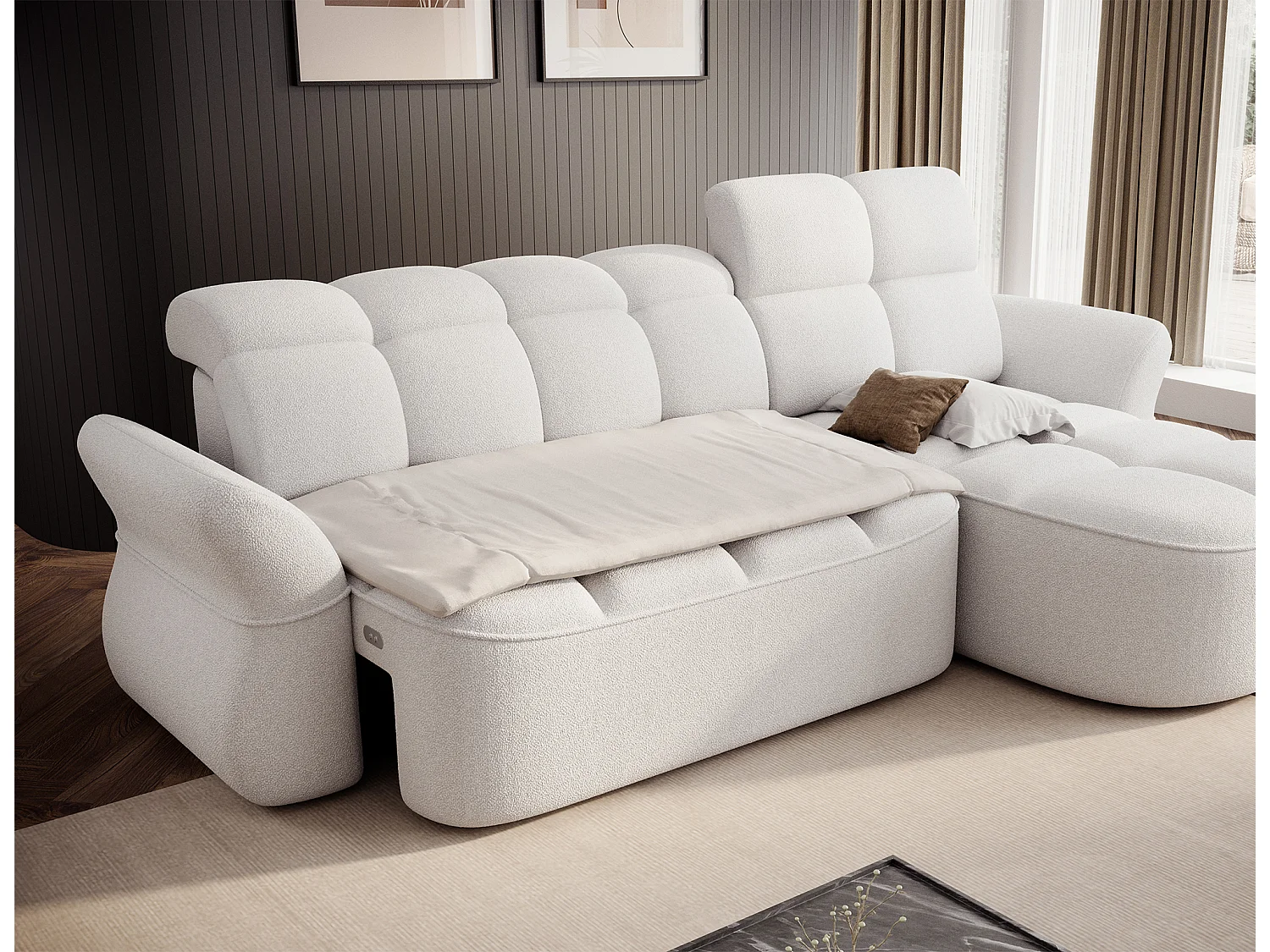 Canapé d’angle convertible 4 places CENTURY en tissu avec coffre – 301cm-Blanc-angle droit