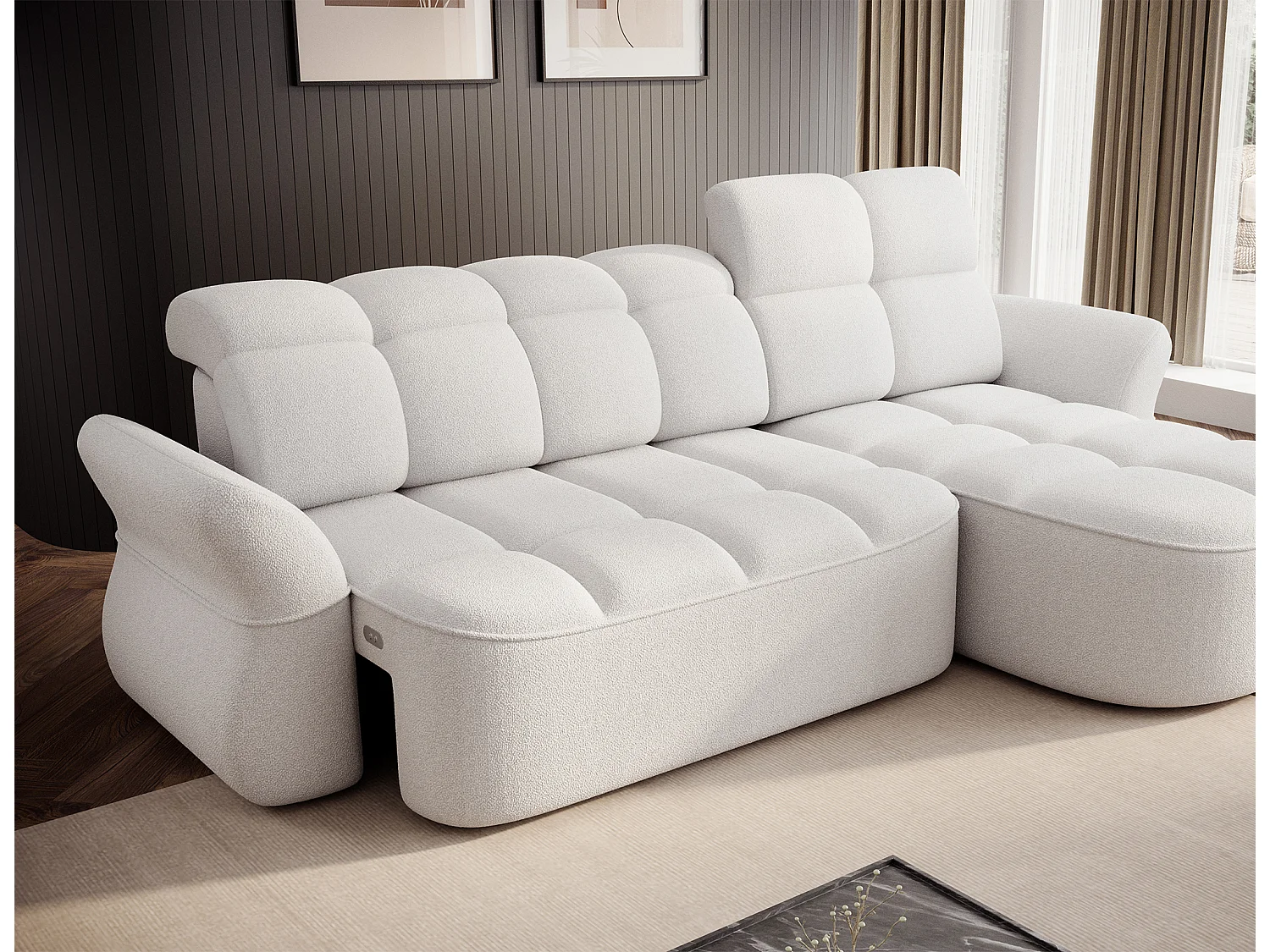 Canapé d’angle convertible 4 places CENTURY en tissu avec coffre – 301cm-Blanc-angle droit