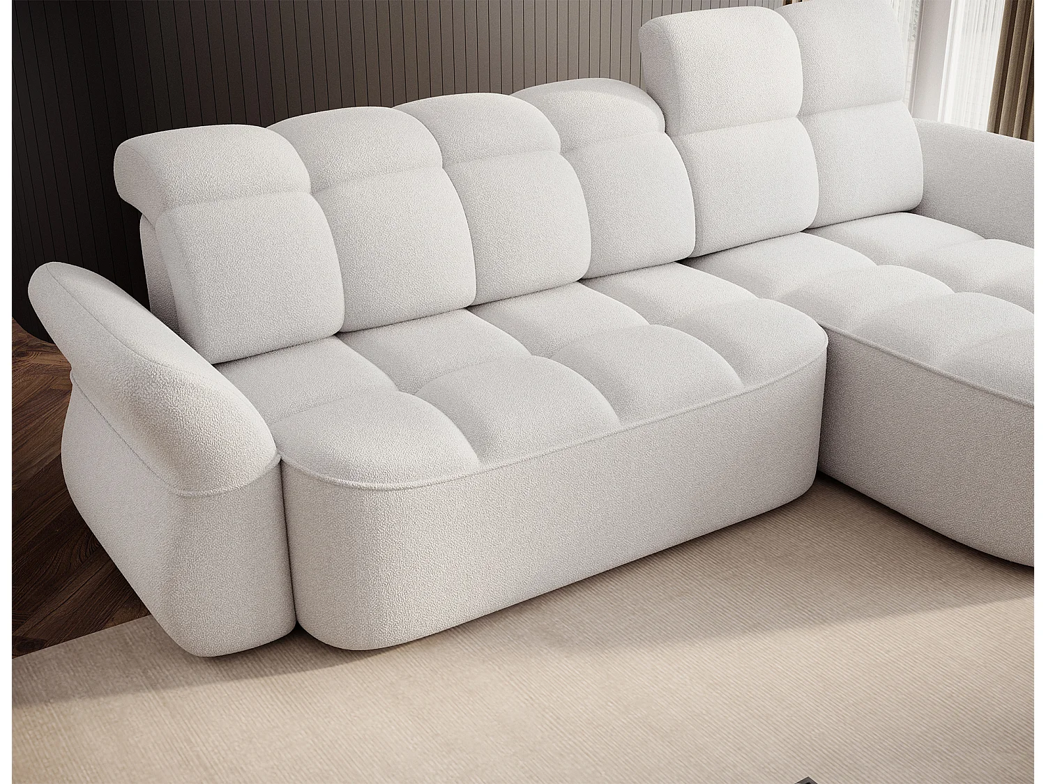 Canapé d’angle convertible 4 places CENTURY en tissu avec coffre – 301cm-Blanc-angle droit