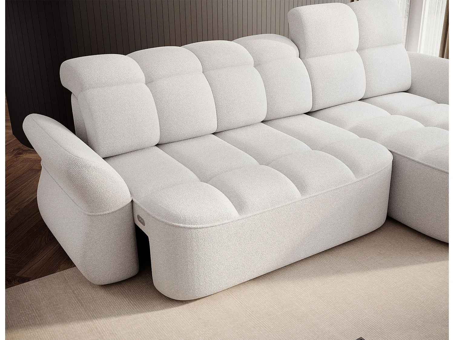 Canapé d’angle convertible 4 places CENTURY en tissu avec coffre – 301cm-Blanc-angle droit