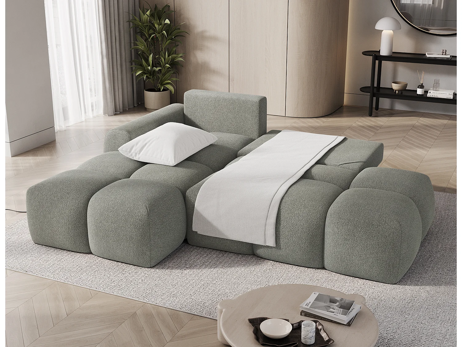 Canapé d’angle convertible 3 places BINUTO en tissu avec coffre de rangement – 227cm-Vert-angle gauche