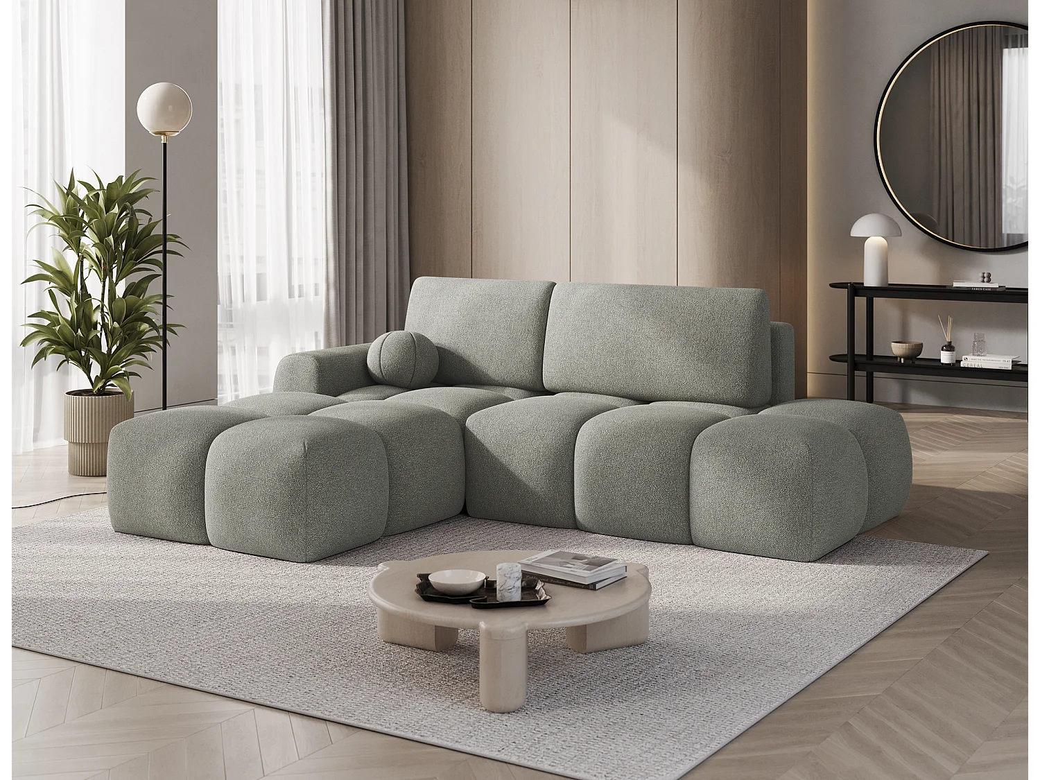 Canapé d’angle convertible 3 places BINUTO en tissu avec coffre de rangement – 227cm-Vert-angle gauche