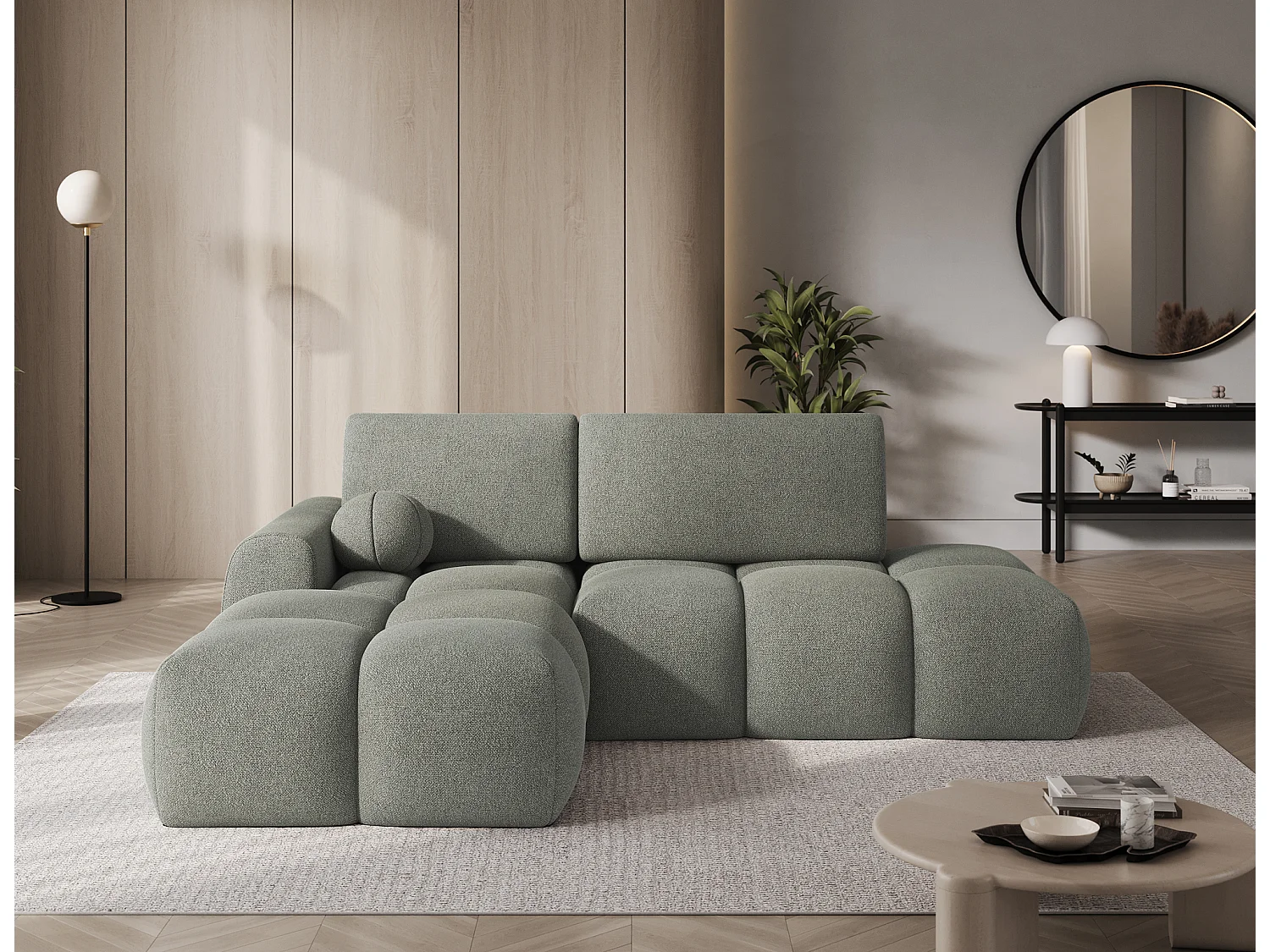 Canapé d’angle convertible 3 places BINUTO en tissu avec coffre de rangement – 227cm-Vert-angle gauche
