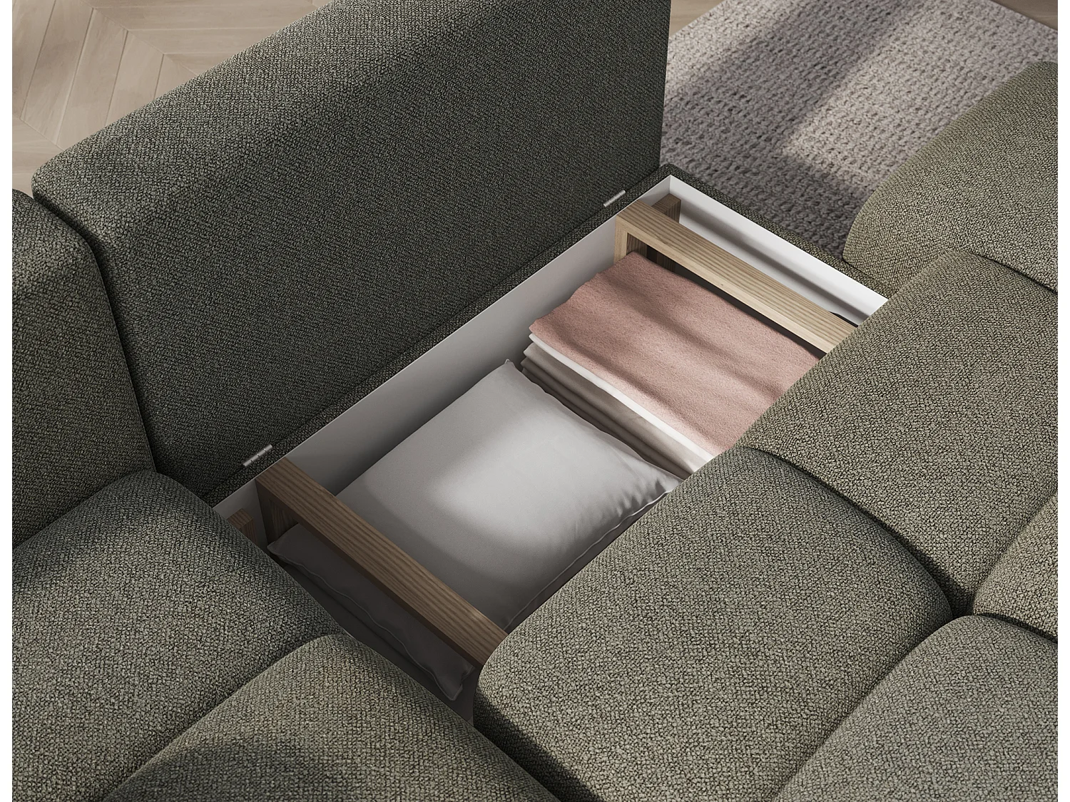 Canapé d’angle convertible 3 places BINUTO en tissu avec coffre de rangement – 227cm-Vert-angle gauche