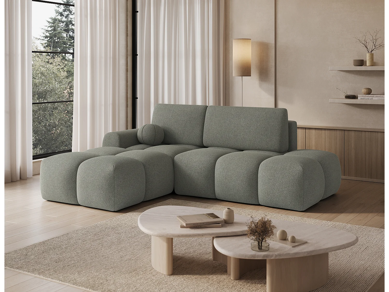 Canapé d’angle convertible 3 places BINUTO en tissu avec coffre de rangement – 227cm-Vert-angle gauche