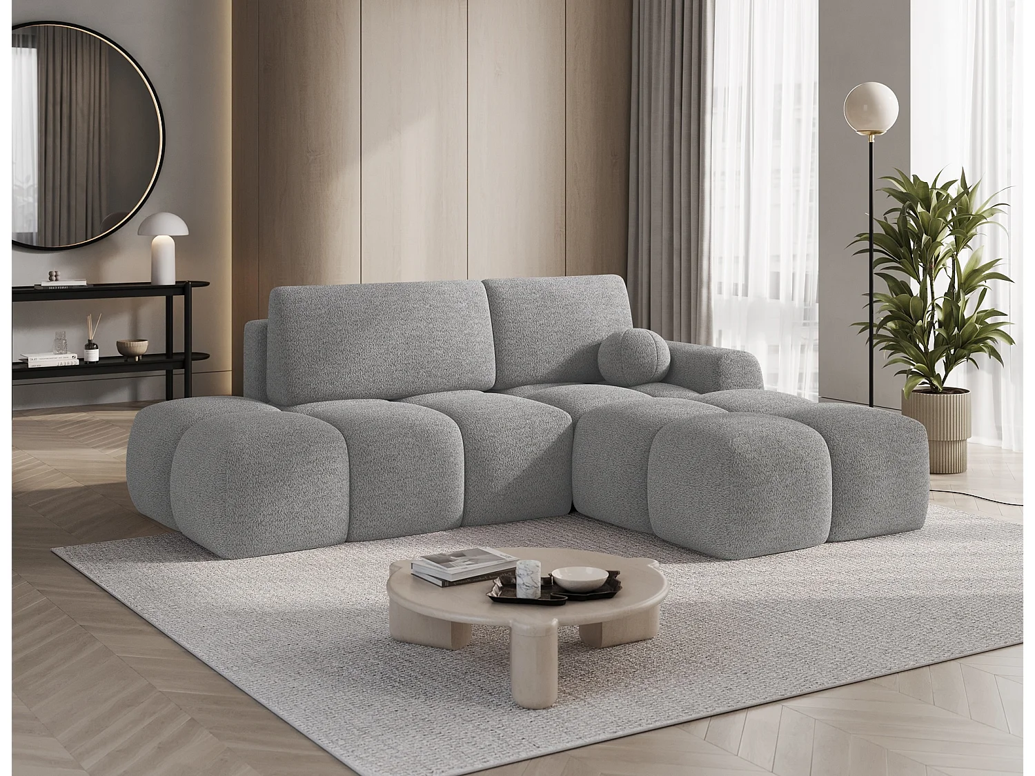 Canapé d’angle convertible 3 places BINUTO en tissu avec coffre de rangement – 227cm-Gris clair-angle droit