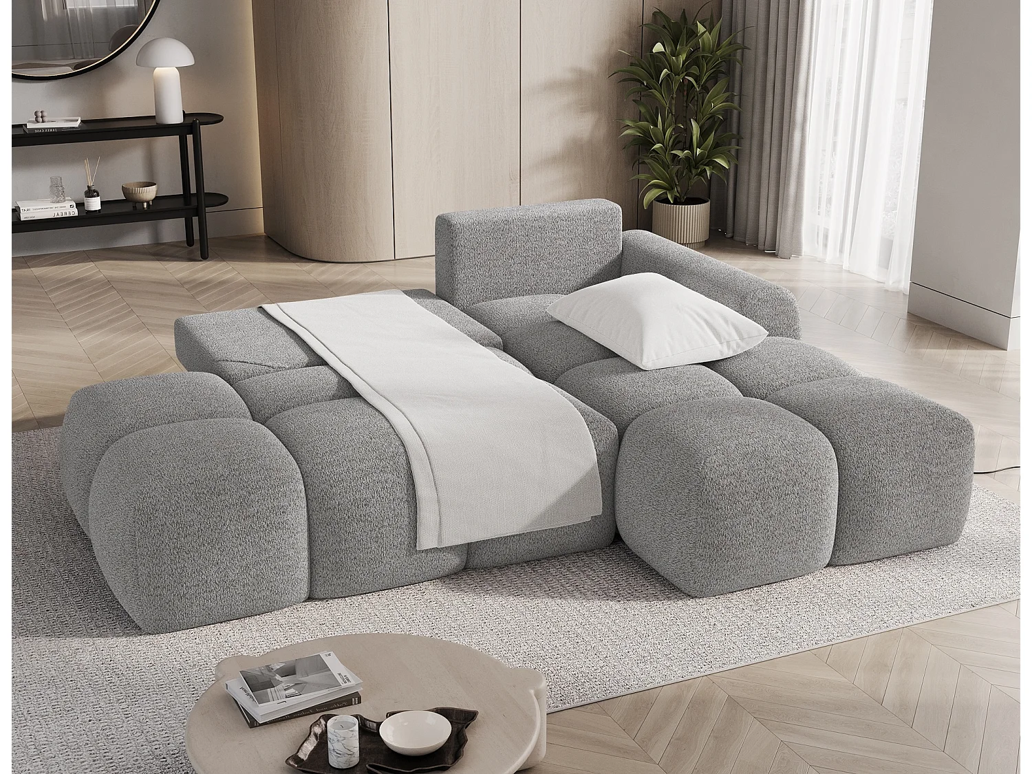 Canapé d’angle convertible 3 places BINUTO en tissu avec coffre de rangement – 227cm-Gris clair-angle droit