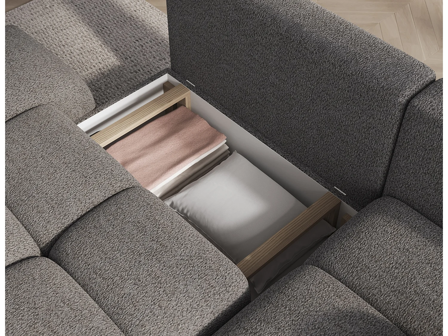 Canapé d’angle convertible 3 places BINUTO en tissu avec coffre de rangement – 227cm-Gris clair-angle droit