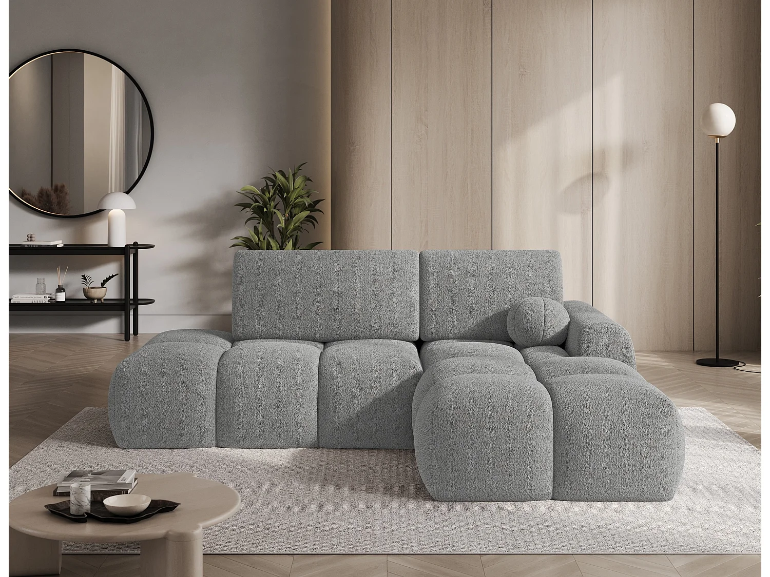Canapé d’angle convertible 3 places BINUTO en tissu avec coffre de rangement – 227cm-Gris clair-angle droit