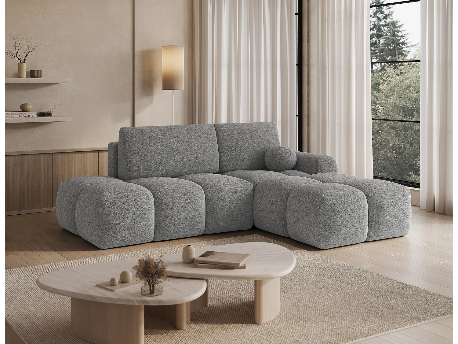 Canapé d’angle convertible 3 places BINUTO en tissu avec coffre de rangement – 227cm-Gris clair-angle droit
