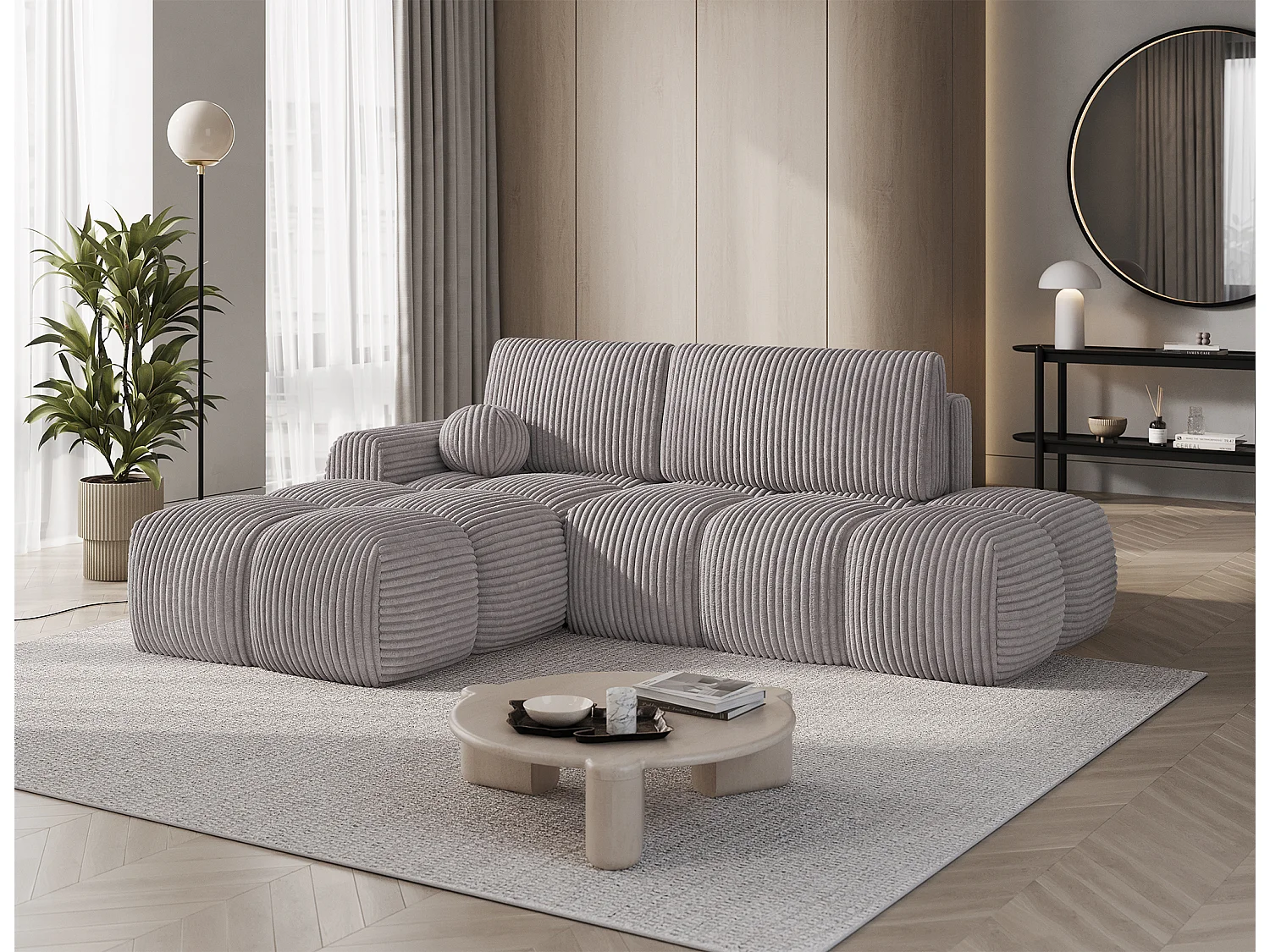 Canapé d’angle convertible 3 places BINUTO en tissu avec coffre de rangement – 227cm-Gris-angle gauche