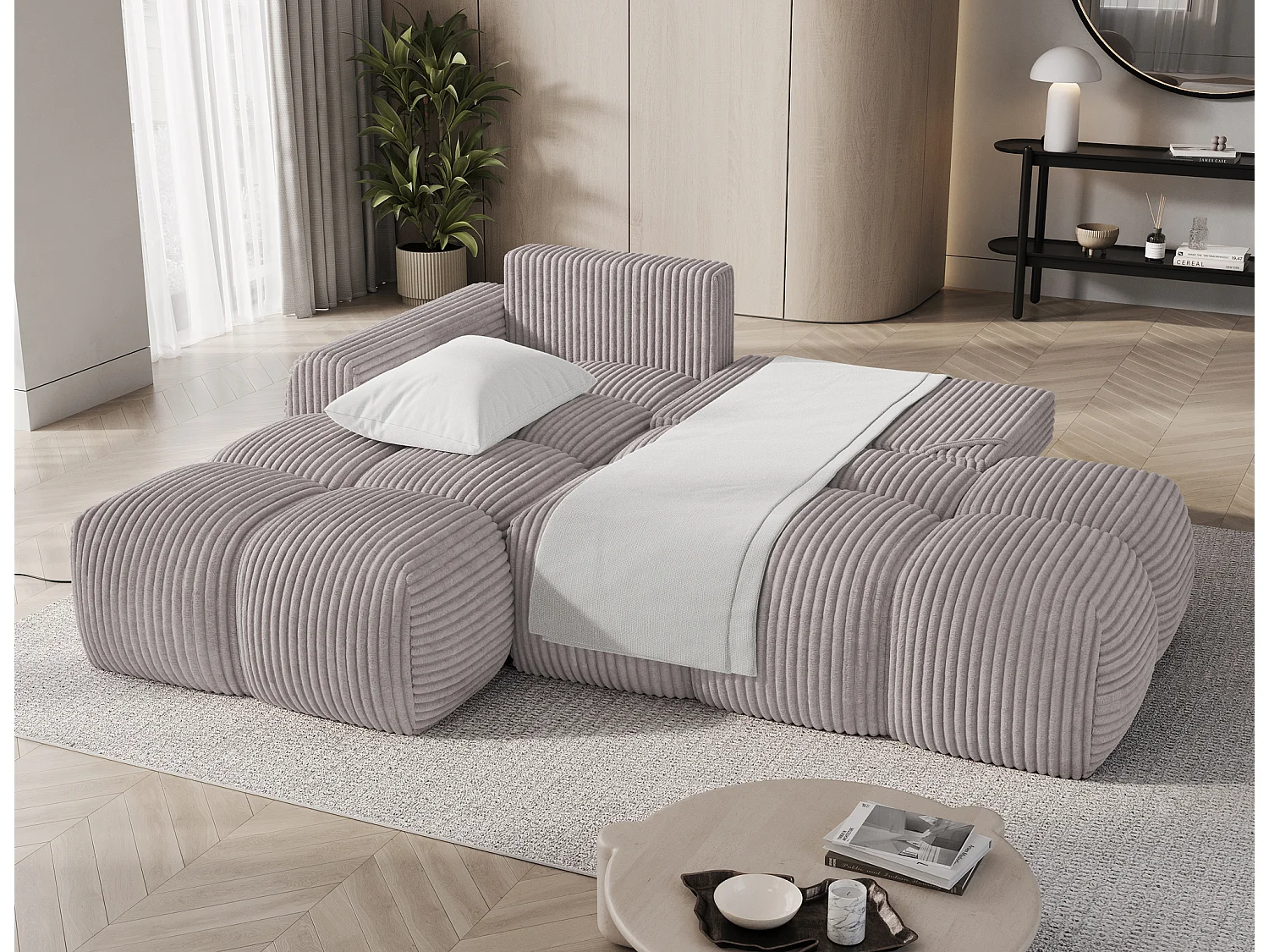 Canapé d’angle convertible 3 places BINUTO en tissu avec coffre de rangement – 227cm-Gris-angle gauche
