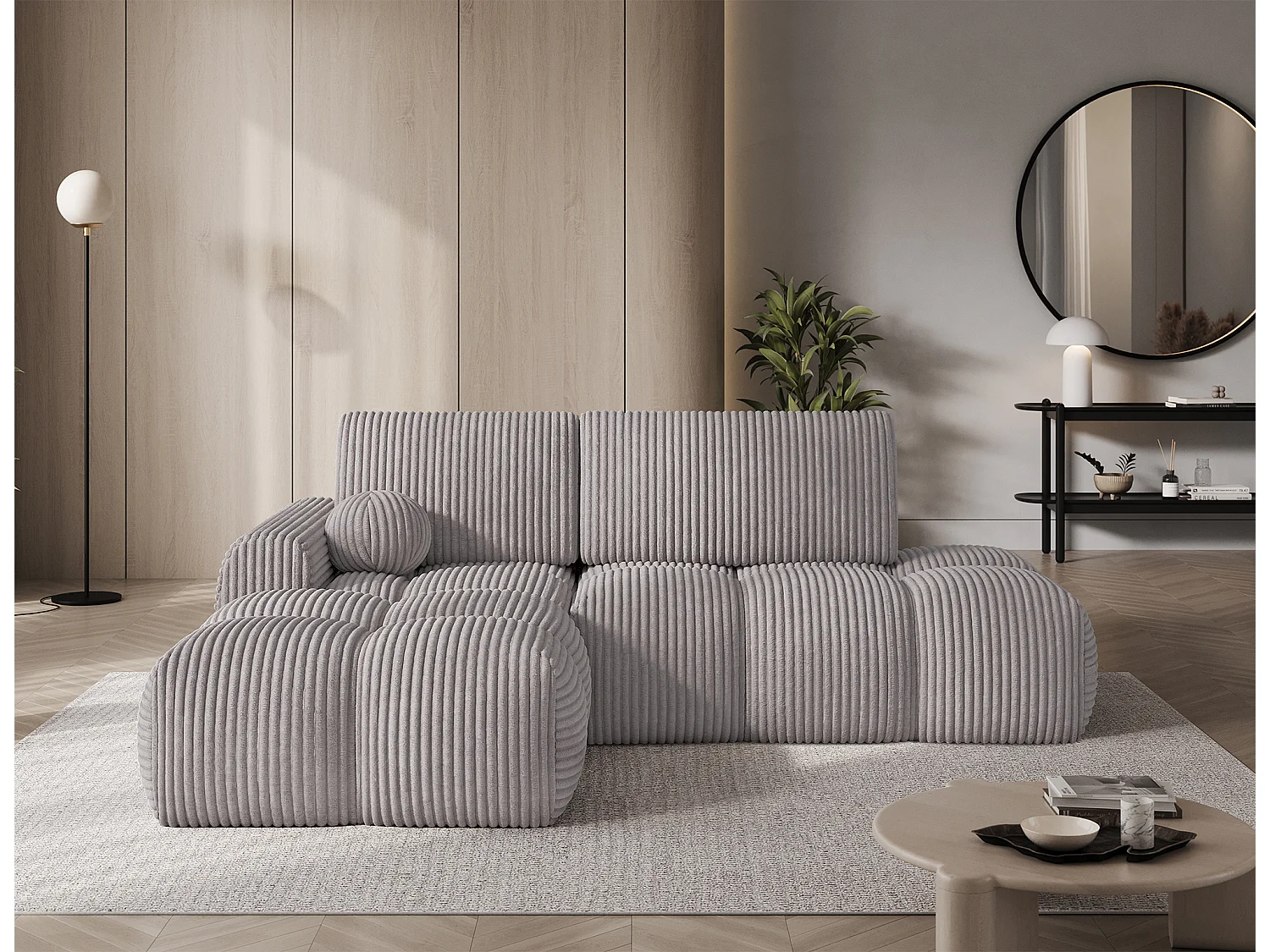 Canapé d’angle convertible 3 places BINUTO en tissu avec coffre de rangement – 227cm-Gris-angle gauche
