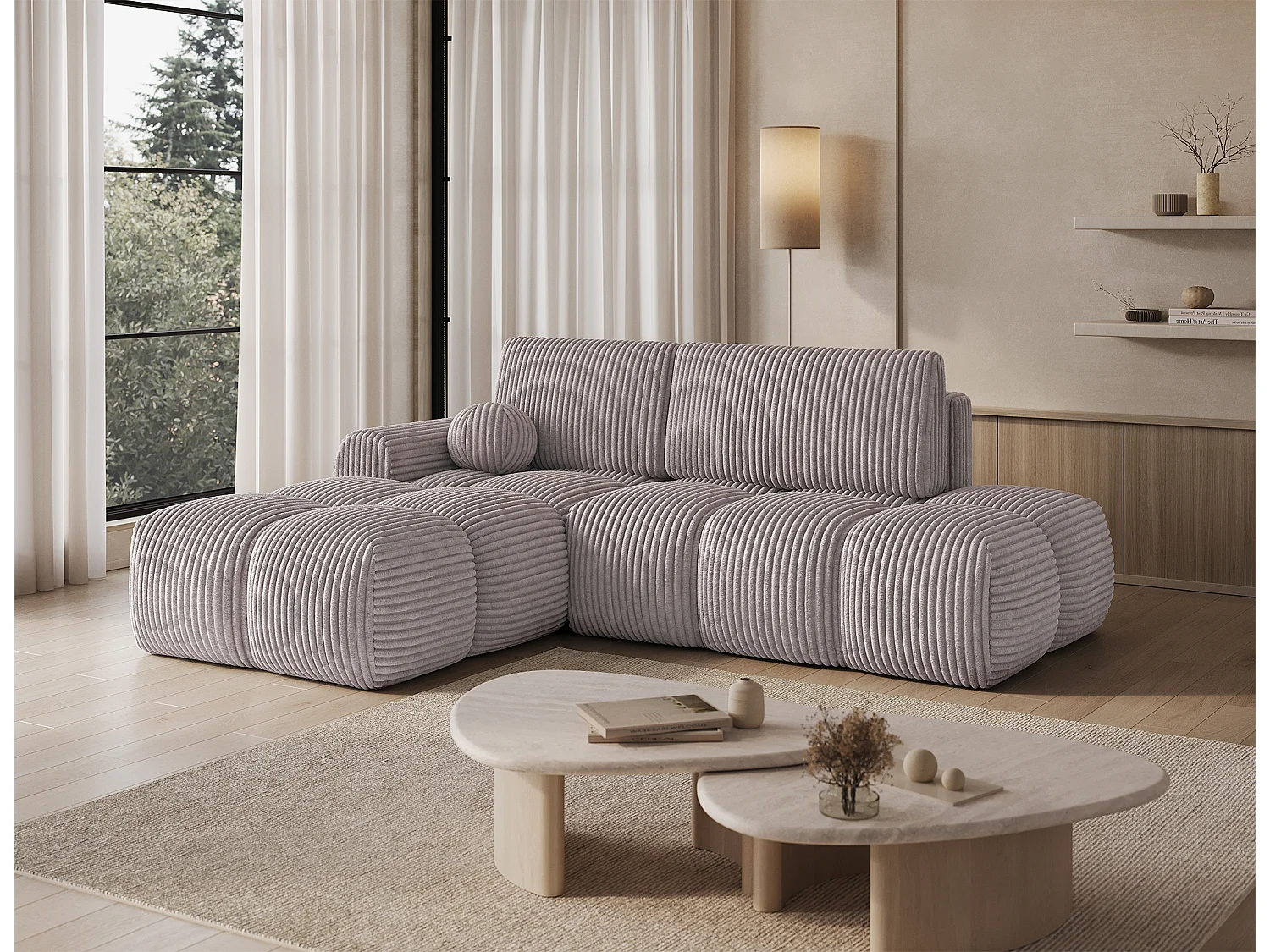 Canapé d’angle convertible 3 places BINUTO en tissu avec coffre de rangement – 227cm-Gris-angle gauche