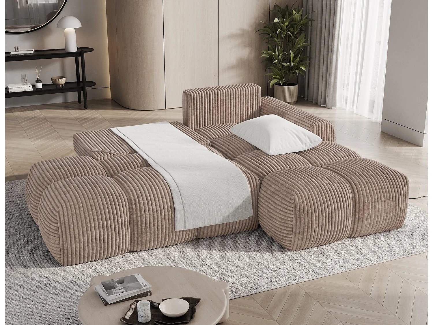 Canapé d’angle convertible 3 places BINUTO en tissu avec coffre de rangement – 227cm-Marron-angle droit