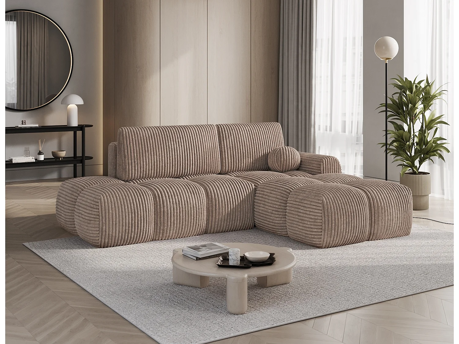 Canapé d’angle convertible 3 places BINUTO en tissu avec coffre de rangement – 227cm-Marron-angle droit