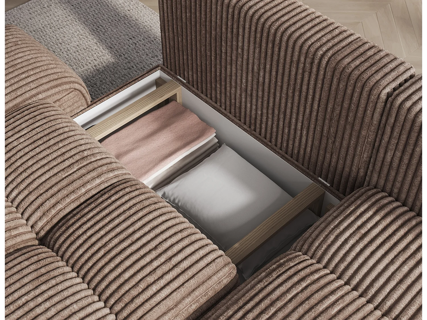 Canapé d’angle convertible 3 places BINUTO en tissu avec coffre de rangement – 227cm-Marron-angle droit
