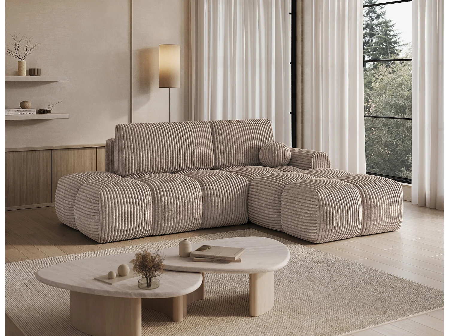 Canapé d’angle convertible 3 places BINUTO en tissu avec coffre de rangement – 227cm-Marron-angle droit